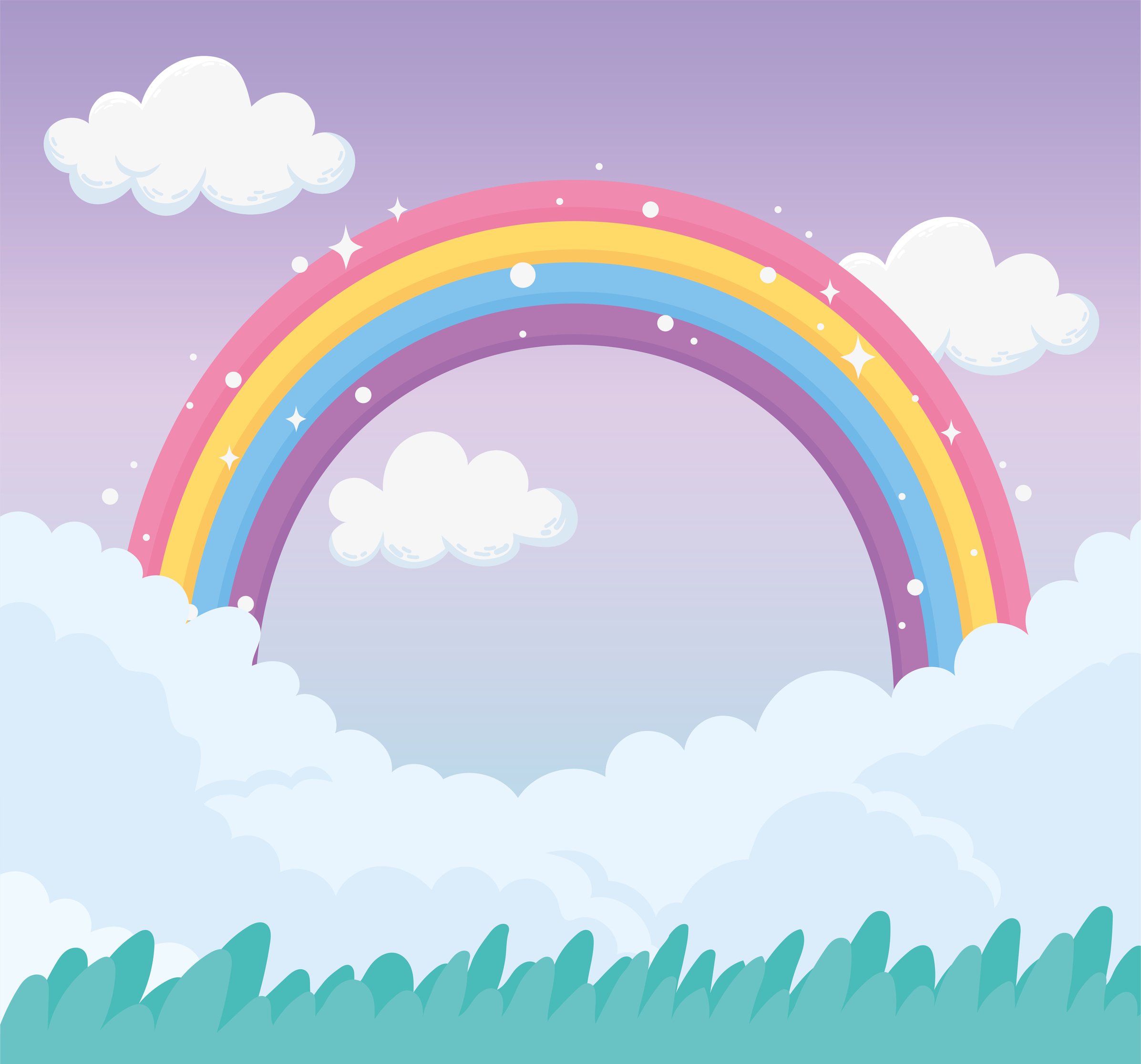 Fantasy Meadow Landscape with Rainbow on Sky